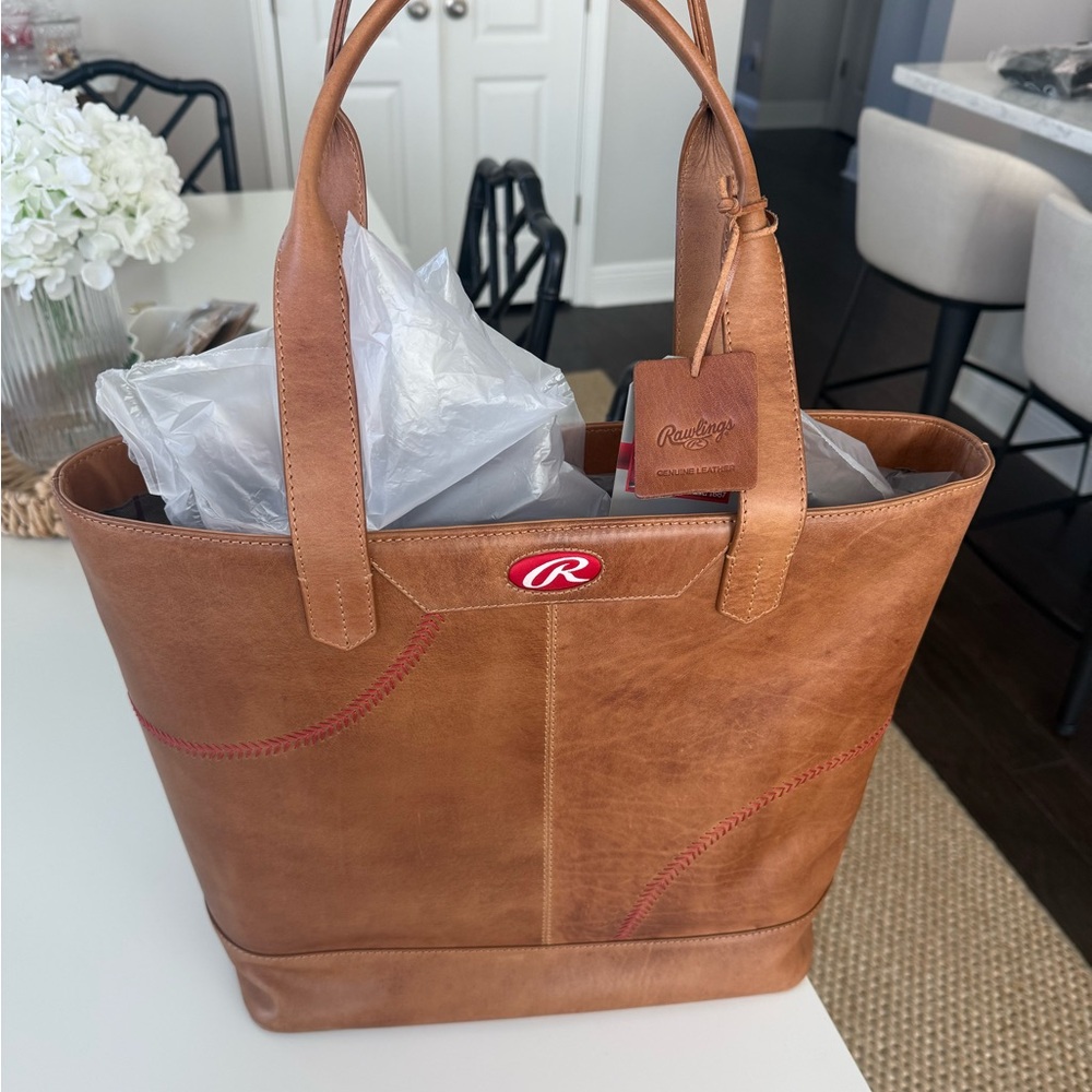 Rawlings Tan Leather Tote with Red Accents
